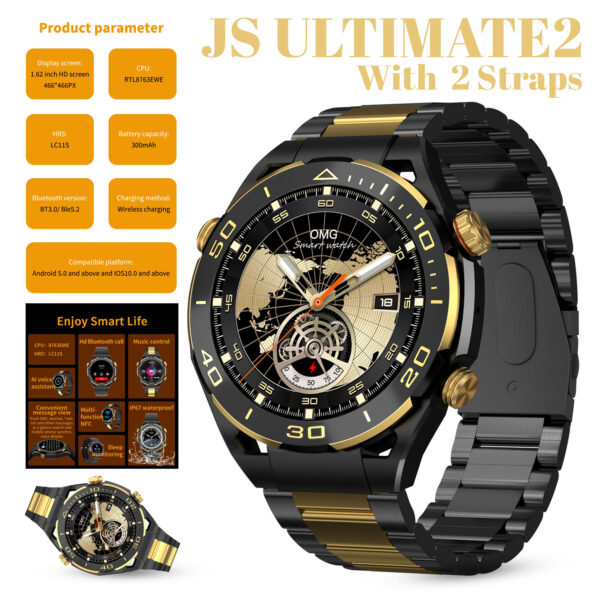 Js Ultimate 1.53 Inch Bt Call Smart Watch Rdfit App With 2 Straps (Silicone Strape/Steel Belt) Gold Style
